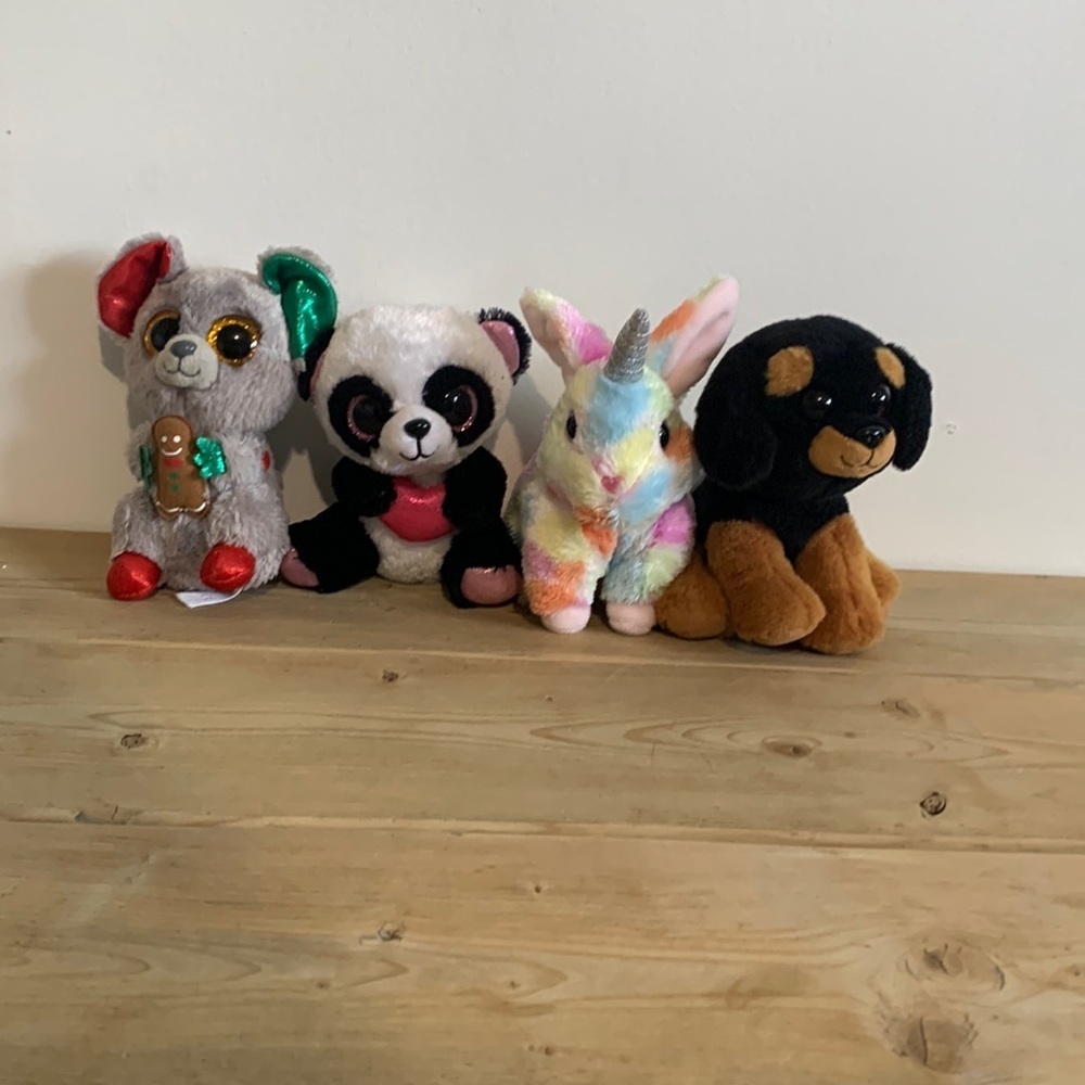 4 6” Ty beanie boos mouse, panda, dog, unicorn bunny